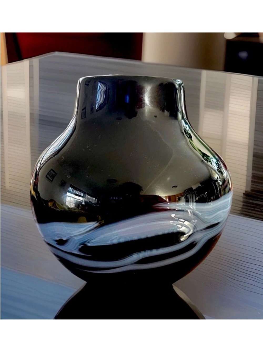 VTG Roy Wilson Hand Blown Murano Style Art Glass Vase Black w/Blue Bands 1987